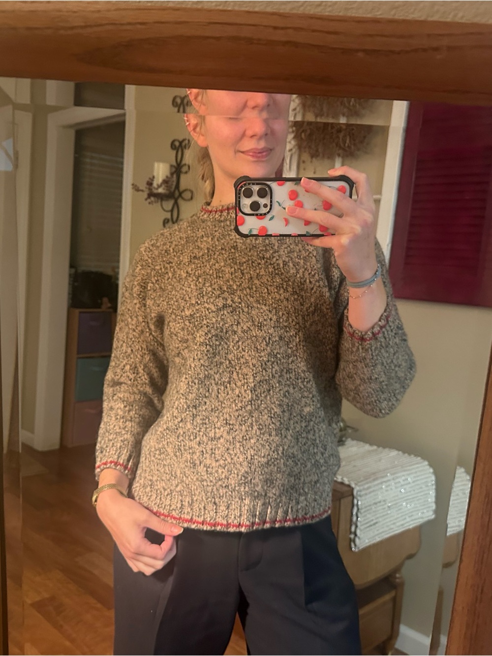 Eddie Bauer 100% Wool Cozy Marled Knit Sweater in Heathered Gray with Red Trim